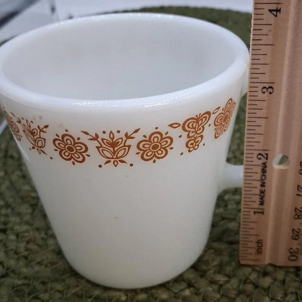 Vintage Pyrex White Milk Glass Mug W/Brown Floral Pattern 300ml Microwave Safe
